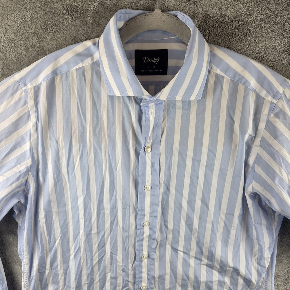 Drake's London Blue White Stripe Cotton Dress Shirt Mens 16-41 Made In England